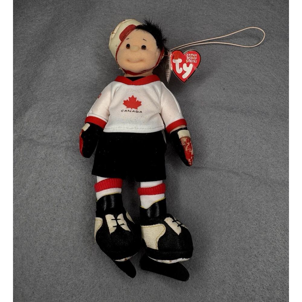 Ty Beanie Baby 'Hat-Trick Hunter' Plush Doll Hockey Player Canada Ornament